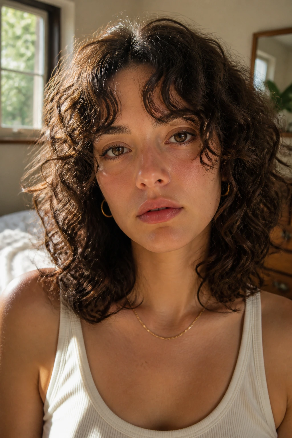 Close-up of a real woman with shoulder-length curly hair and center-part bangs in warm window light
