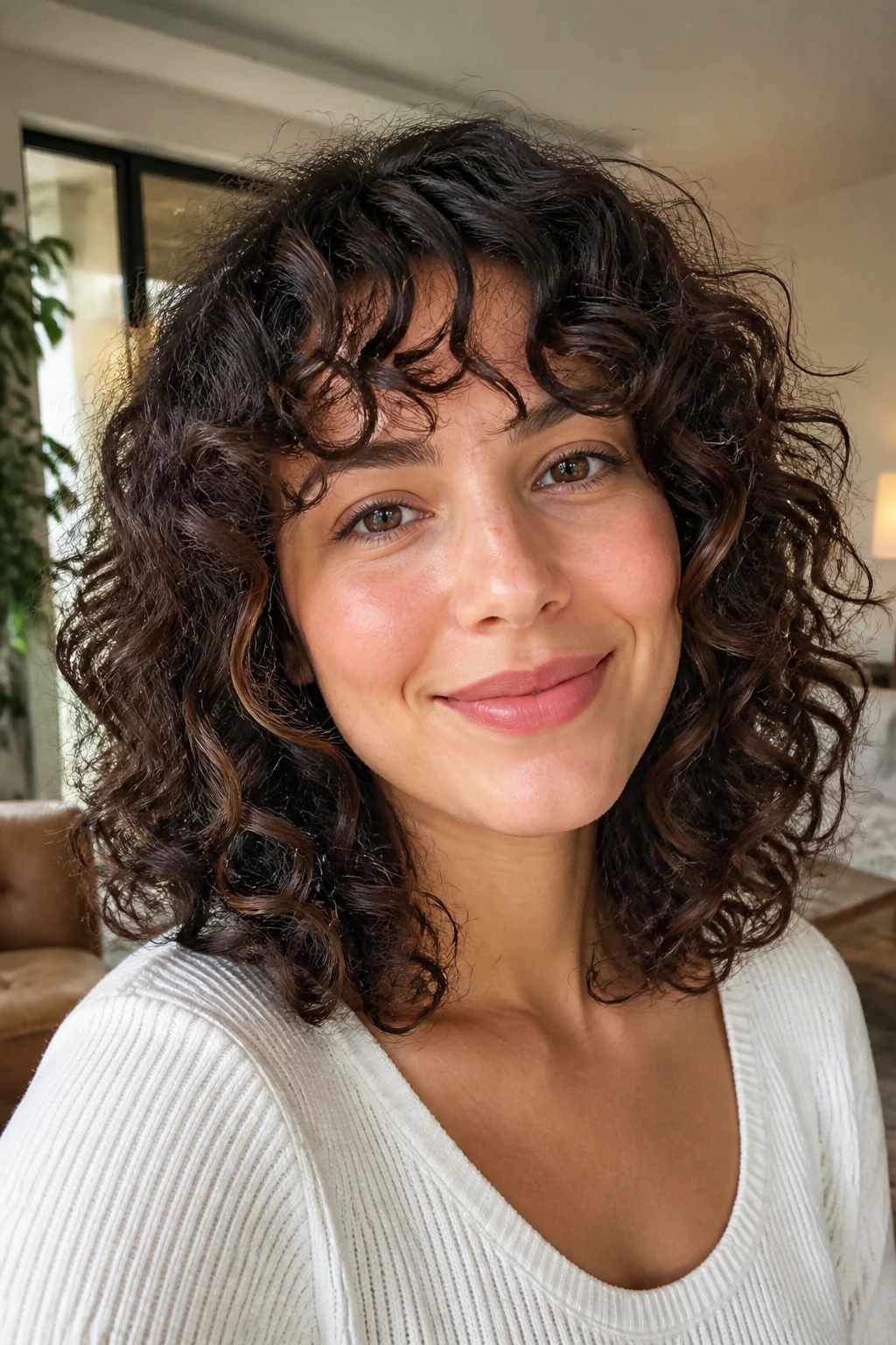 Close-up of a real woman with shoulder-length curly hair layered to respect curl pattern