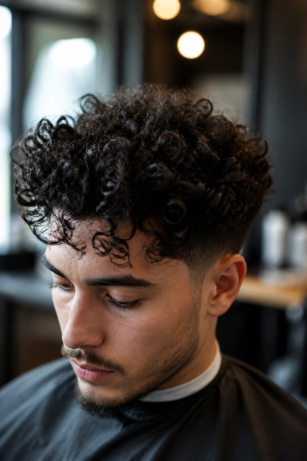Close-up portrait showing curly hair changing silhouette of cut at crown