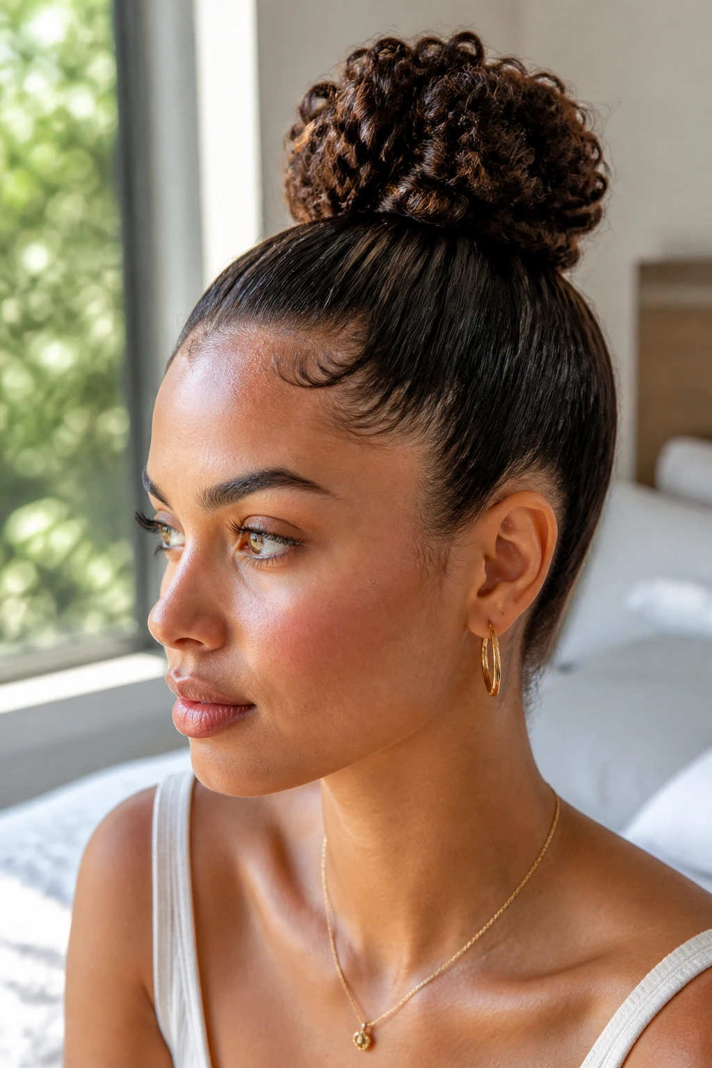 Close-up of a real woman with curly hair in a sleek bun showing texture
