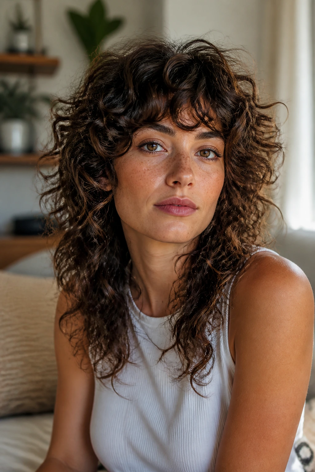 Close-up of a real woman with curly shag and rounded crown volume