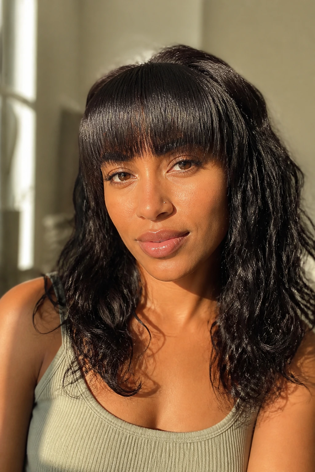 Close-up portrait of a real person with straightened curly fringe
