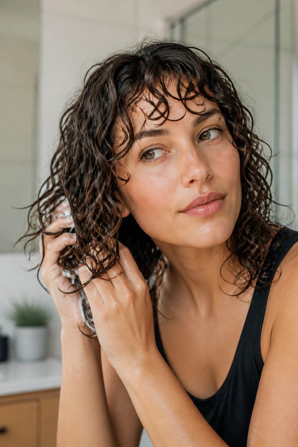 Close-up of a person styling damp curly hair with hands in a bright bathroom.
