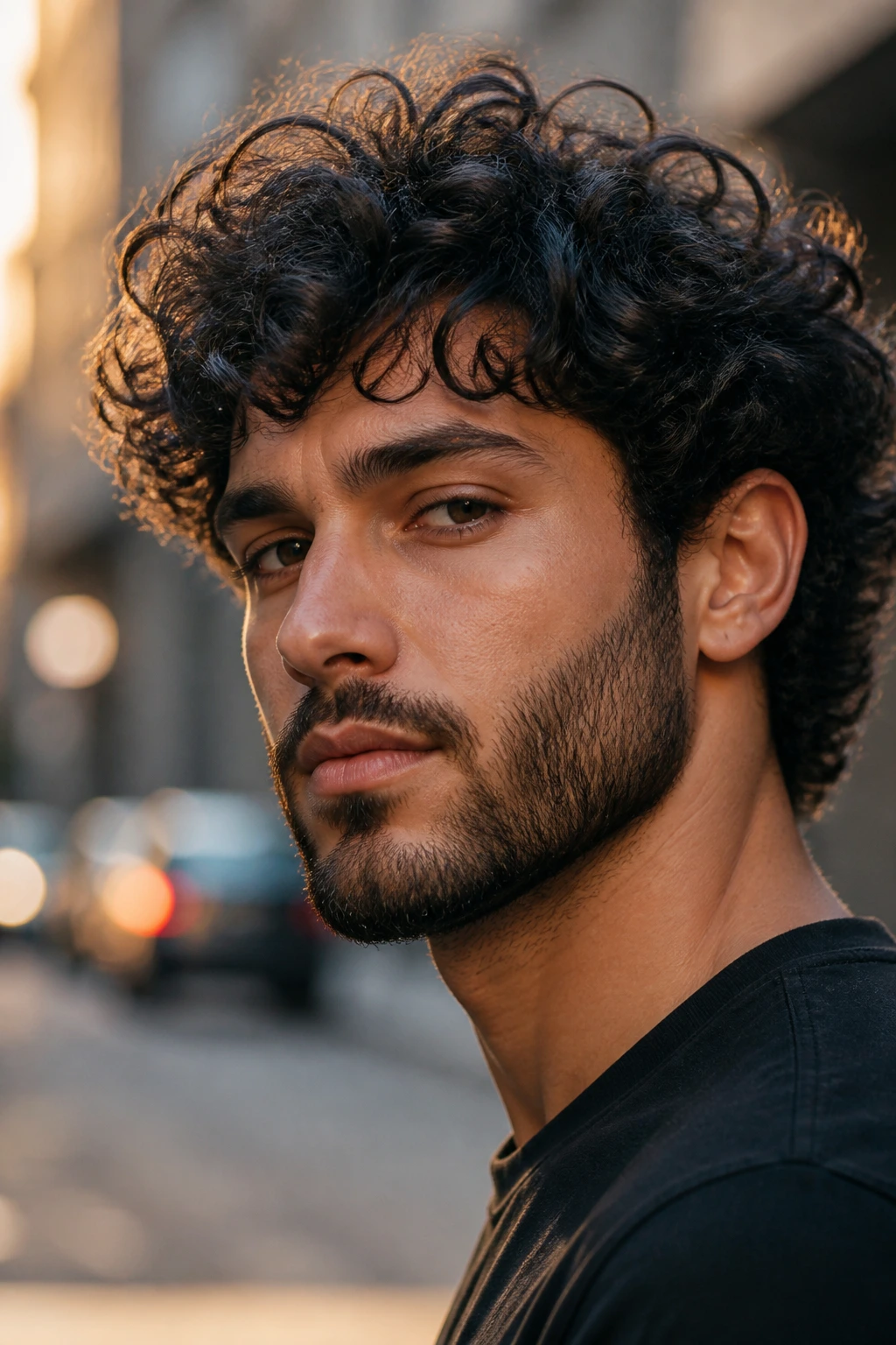 Close-up of a person with curly hair and tapered beard in urban light