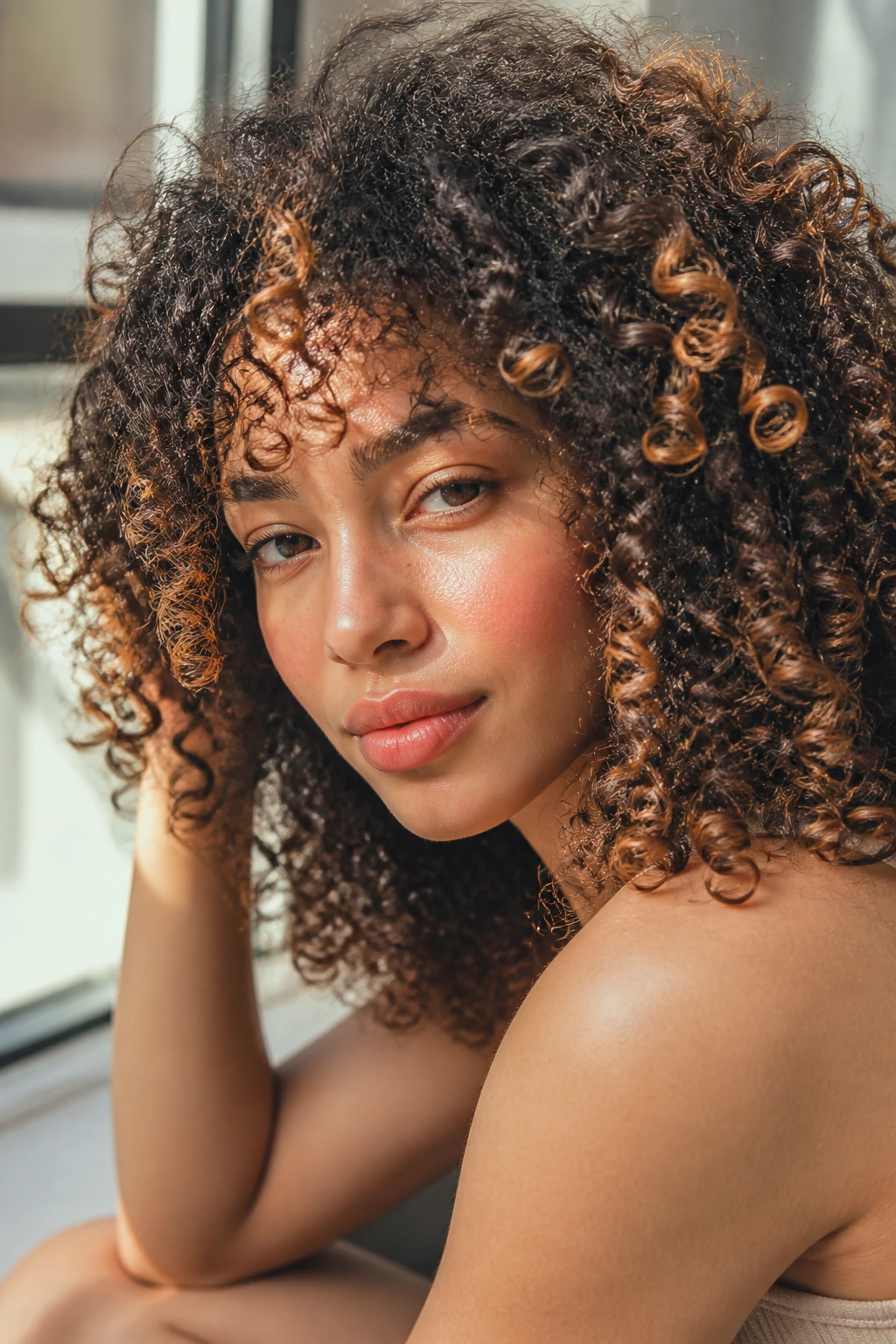 Portrait of a real woman with soft textured curls in warm light