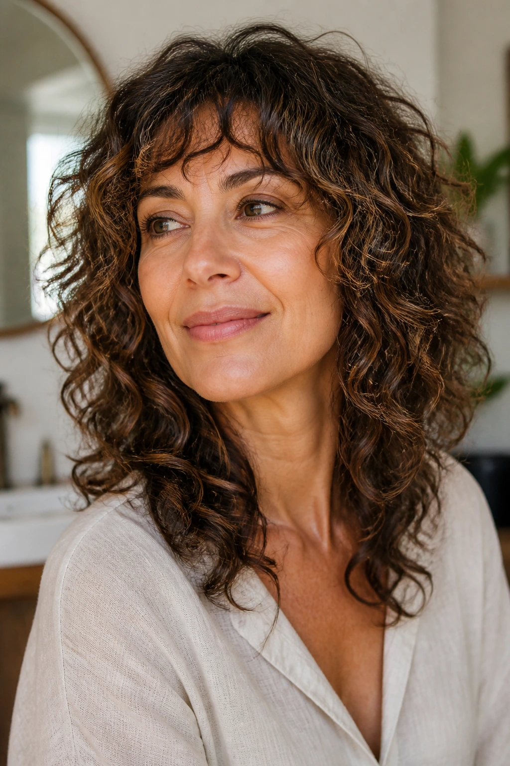 Close-up of a real woman with curly-wavy shape cut for thin hair showing lifted curls