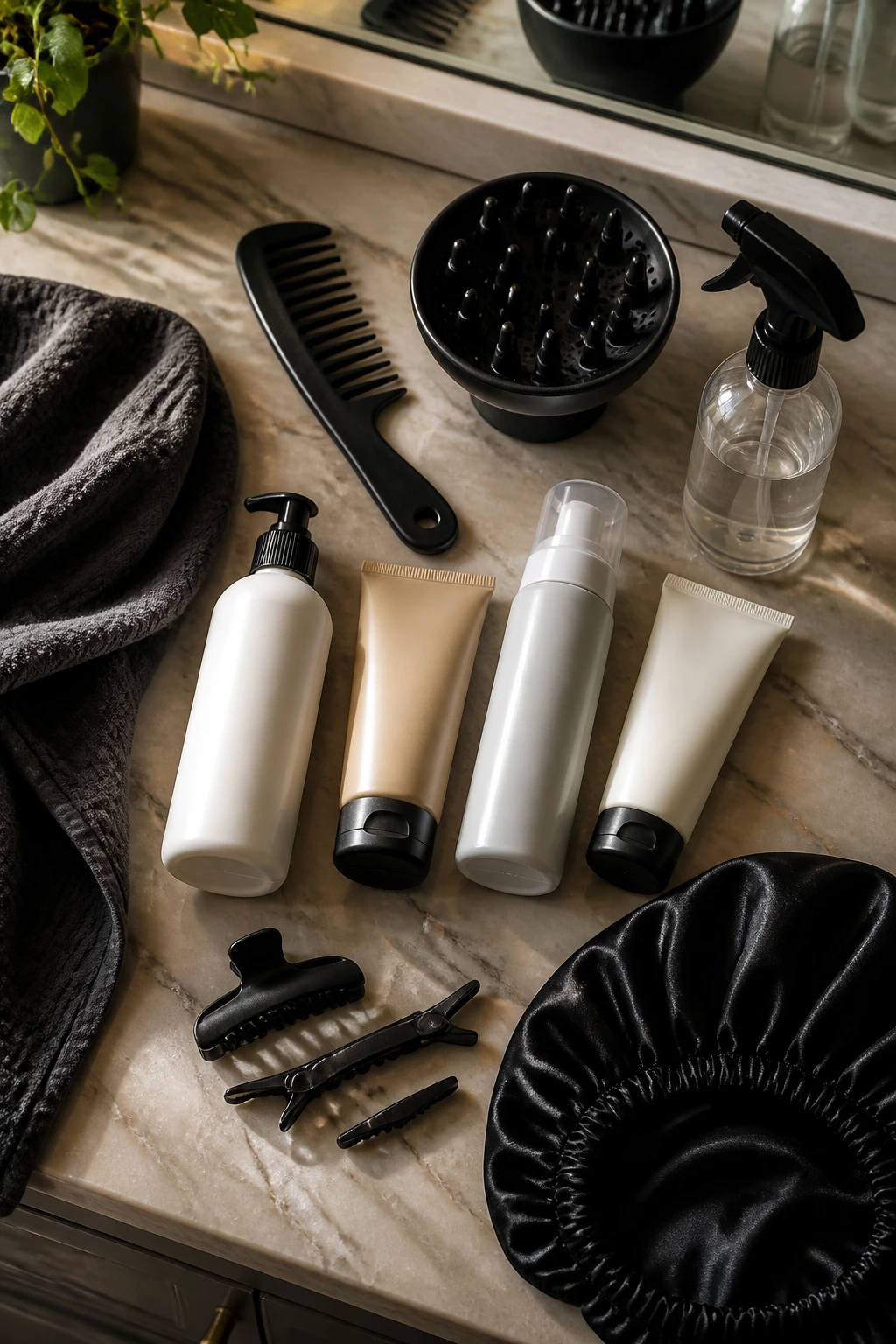 Flat lay of essential curly hair tools on a bathroom counter.