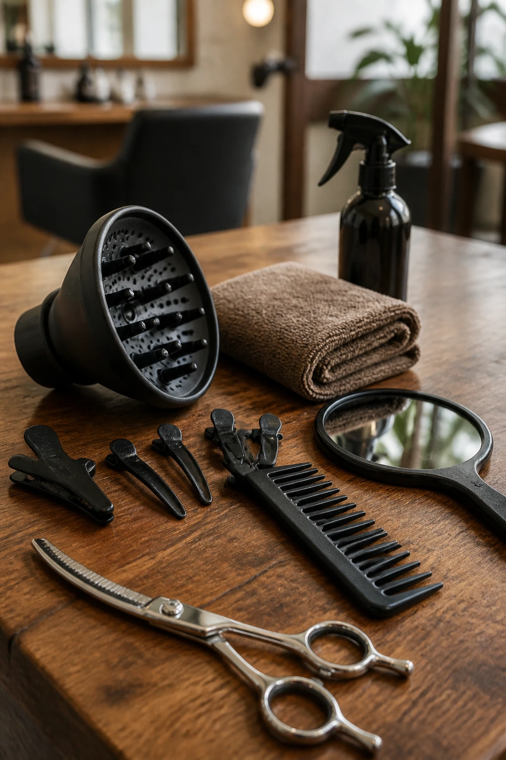 Close-up of essential curly hair tools laid out on a salon counter