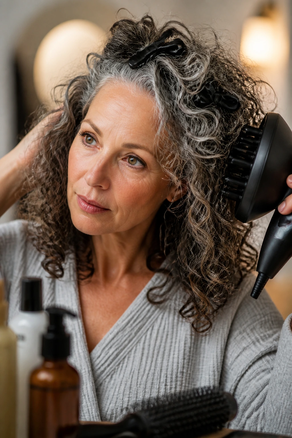 Close-up of a real woman with curly hair and styling tools visible near her crown