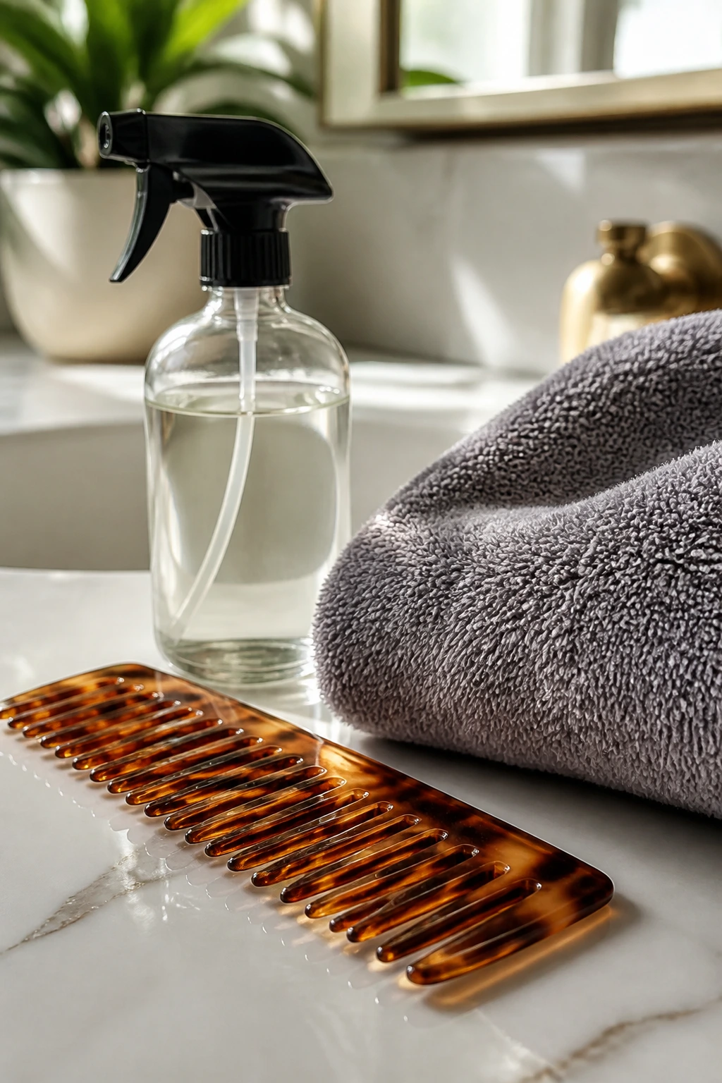 Close-up of essential curly-hair tools on a bathroom counter ready to detangle and shape curls