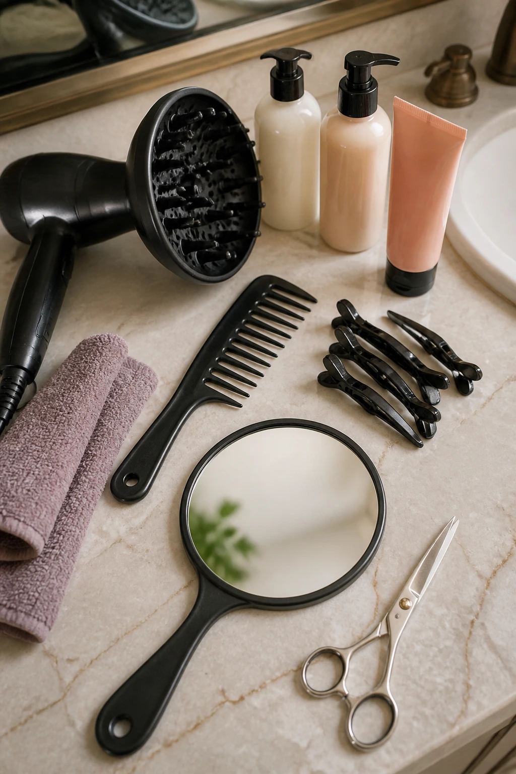 Close-up of curly hair tools arranged on a bathroom counter