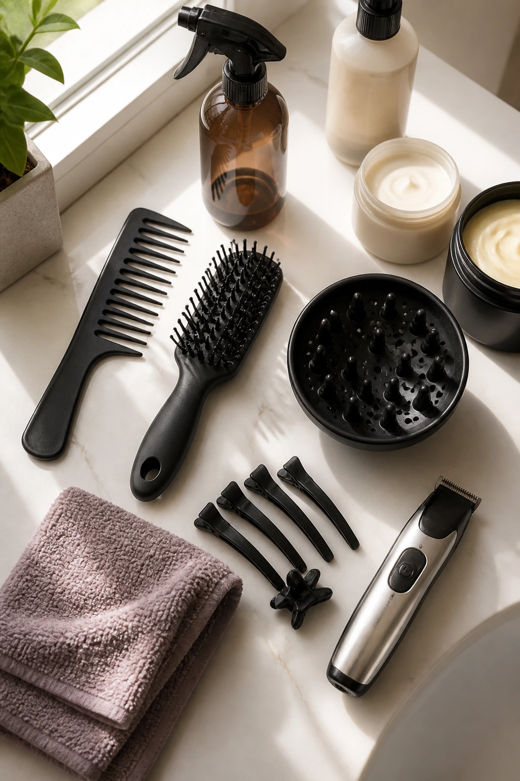 Top-down still life of essential curly hair tools on a bathroom counter