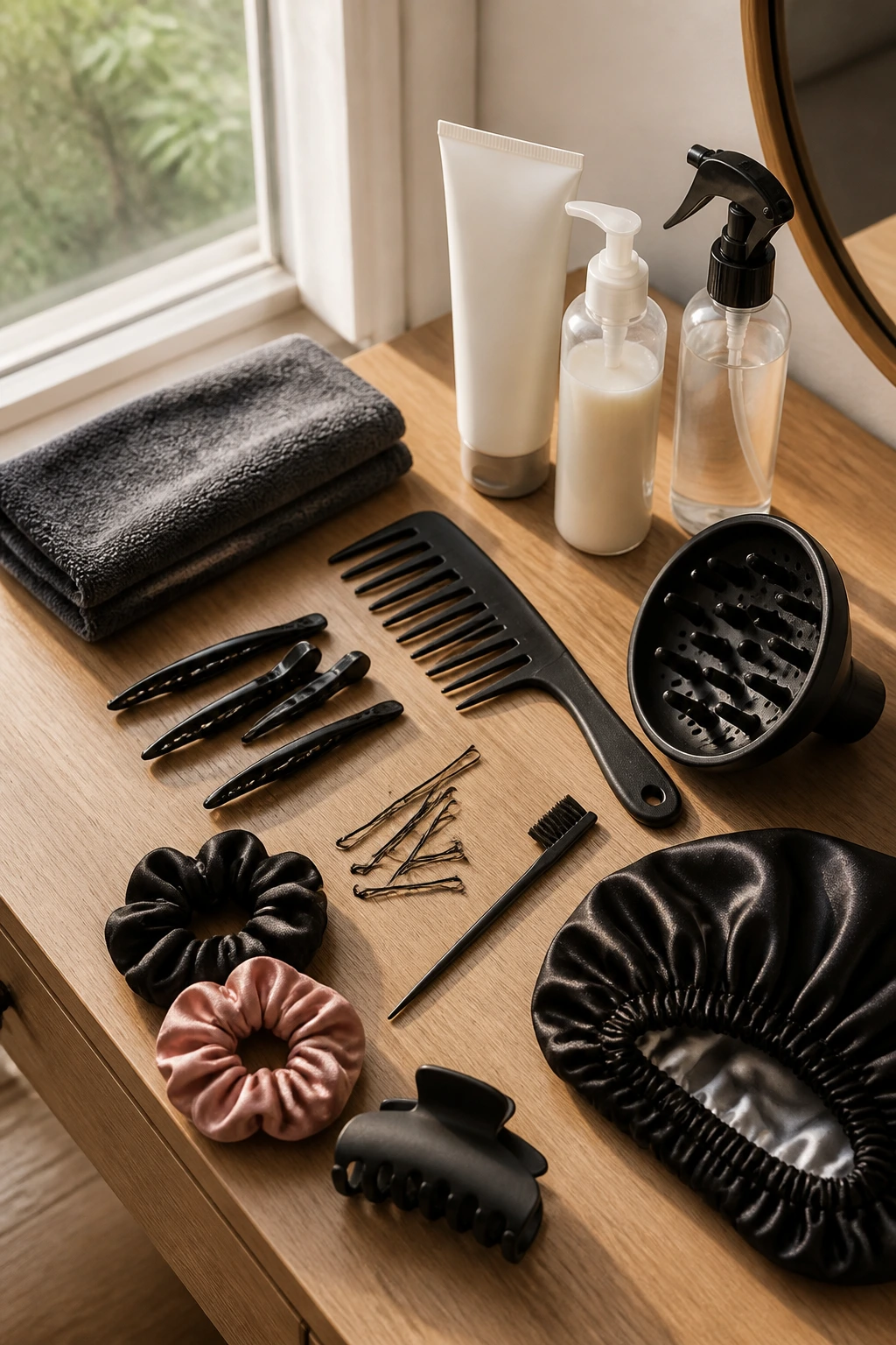 Overhead shot of essential curly-hair tools and products arranged on a wooden vanity.