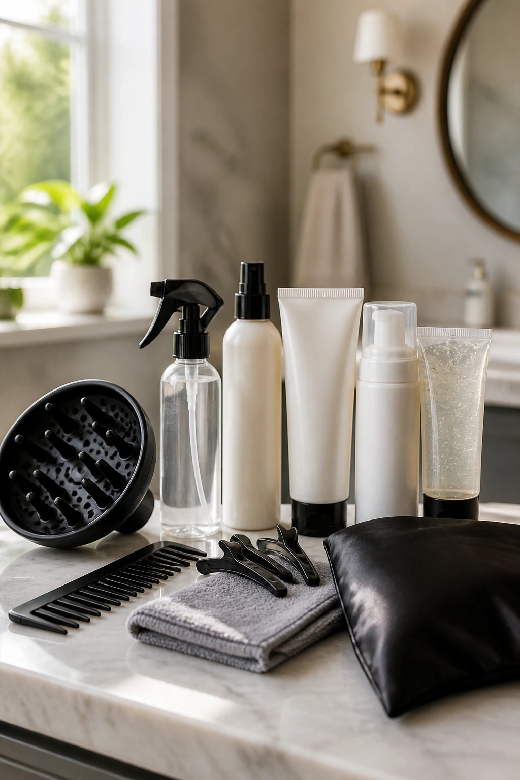 Close-up of a collection of essential curly-hair styling tools on a bathroom counter.