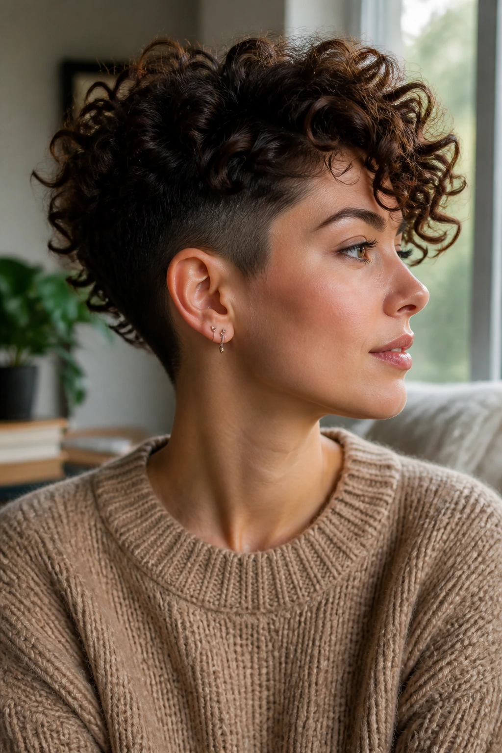 Portrait of a person with curly hair and undercut showing texture adaptation.