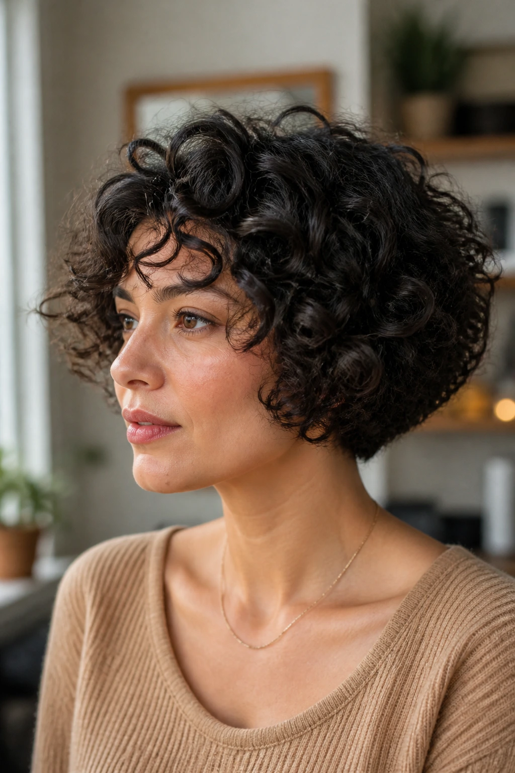 Portrait of a real person with a crown-version curly bob variation