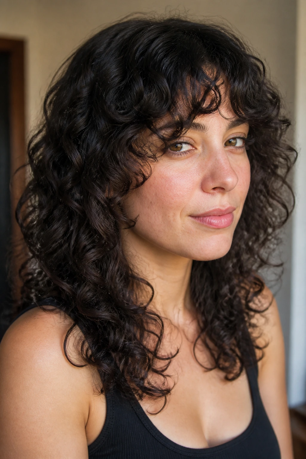 Close-up of curly hair with curtain bangs and soft layers