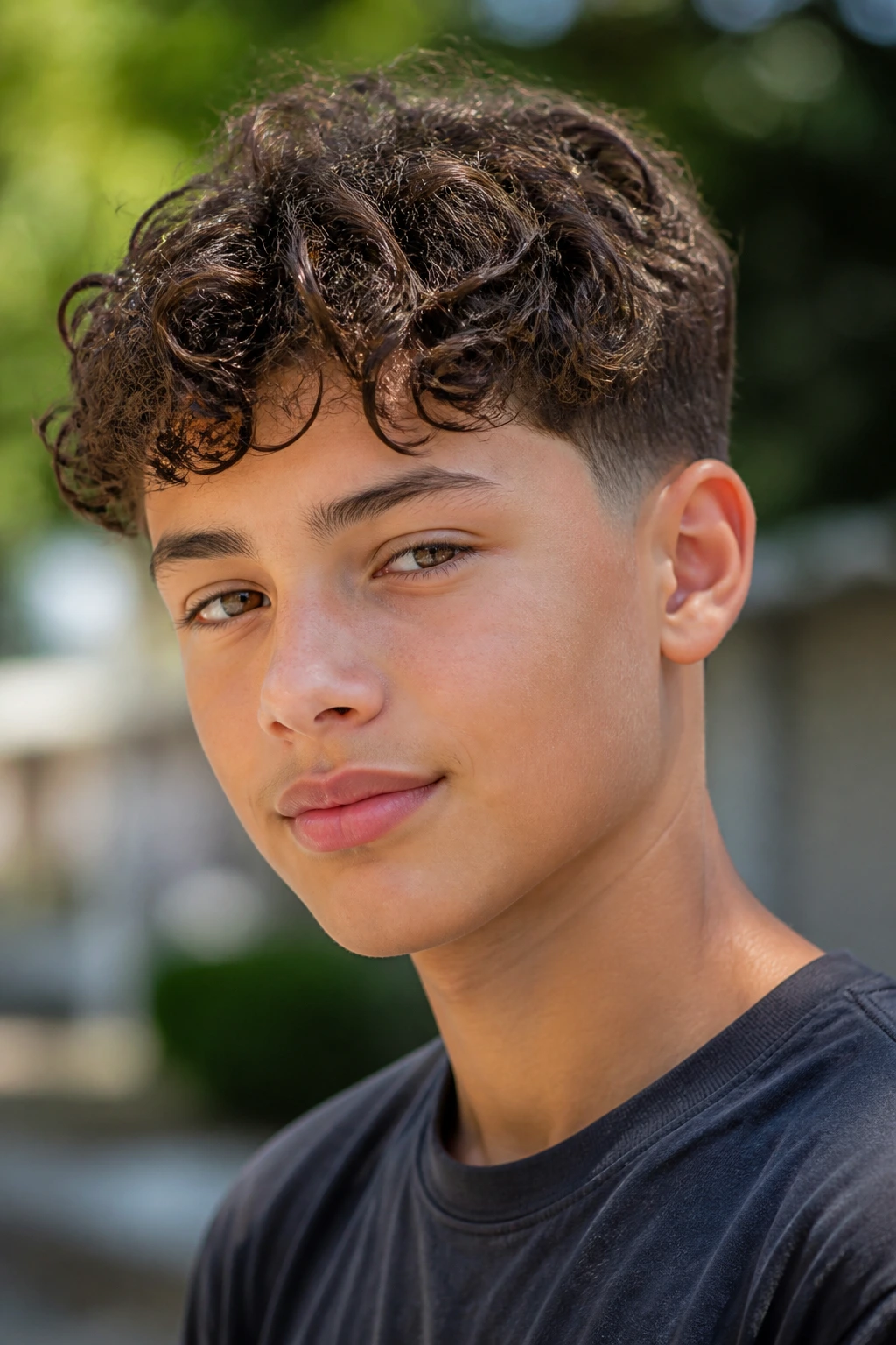 Boy with layered curly top and soft edges outdoors in daylight.