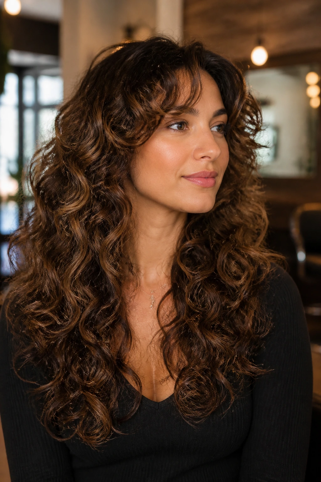 Medium close-up of real person with layered curls showing variations