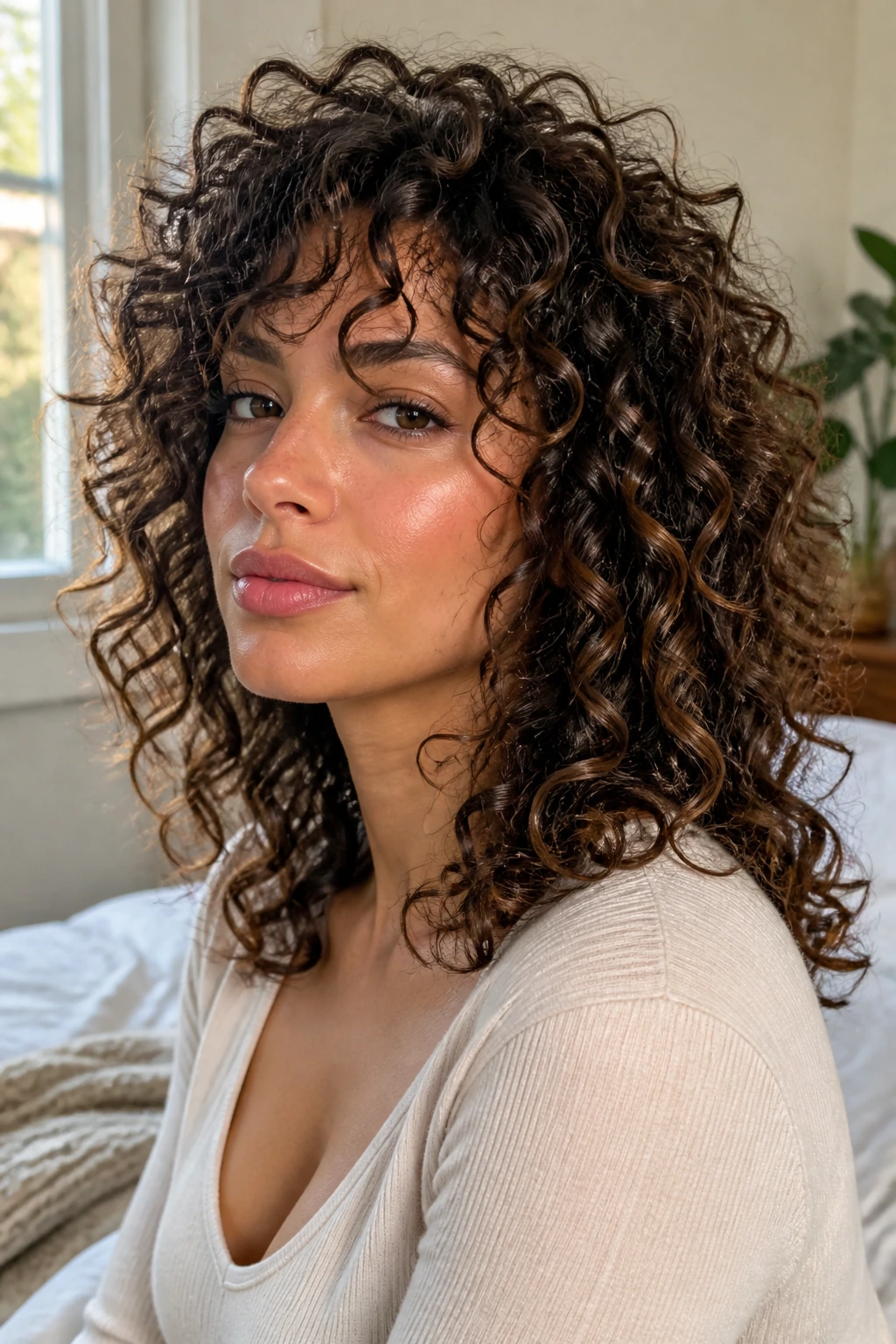 Close-up of a real woman with curly hair showing variations in curl shapes across crown and ends.