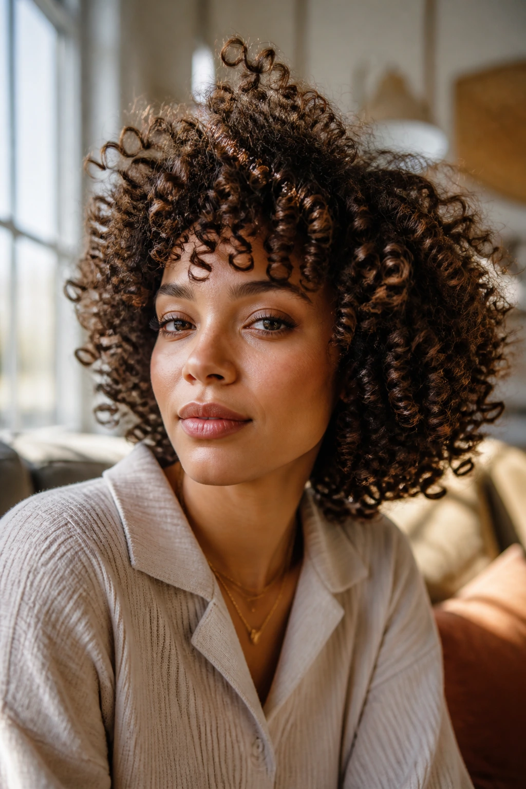 Close-up portrait of a woman with defined curly hair showing volume and separation