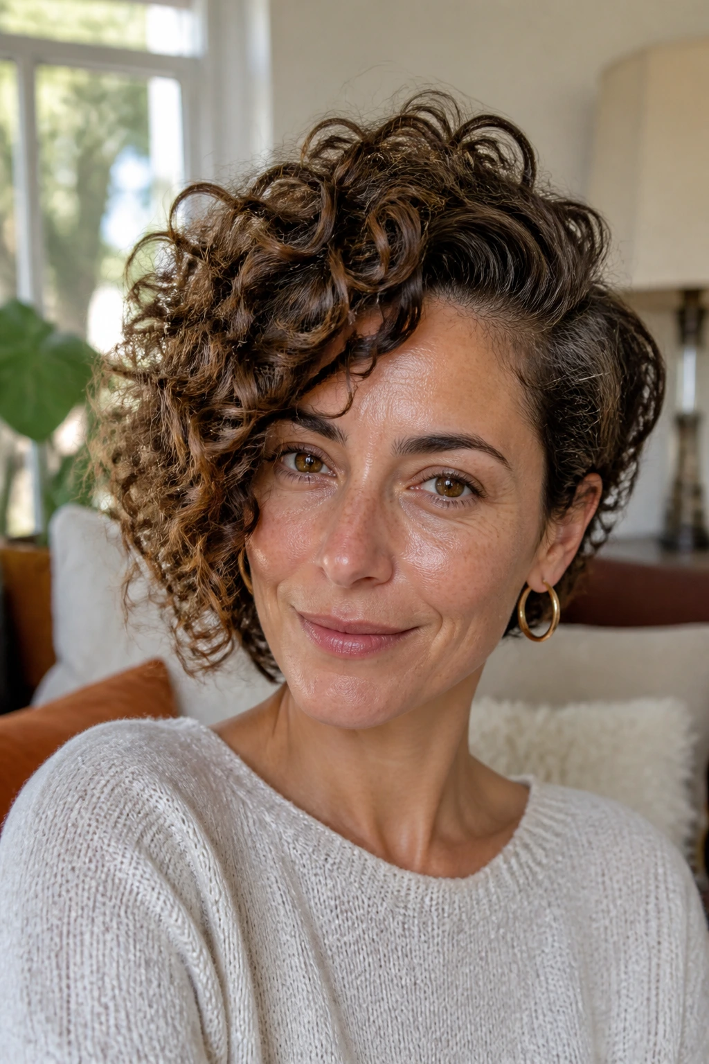 Close-up of a woman with a deep side-part curly cut and crown lift