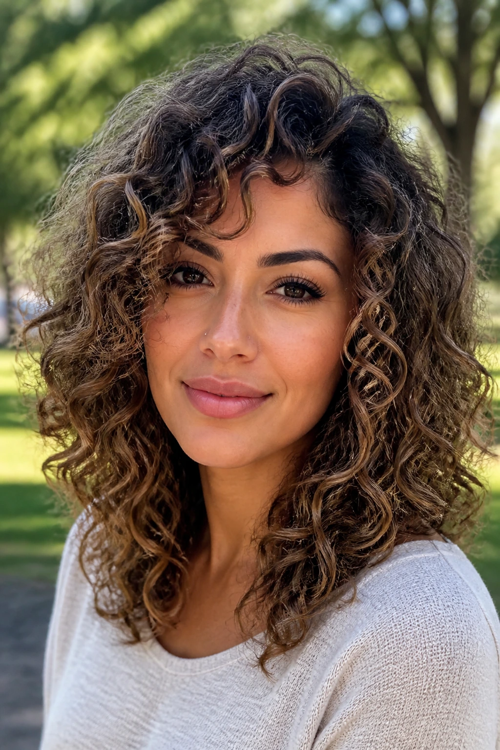 Close-up portrait of a person with defined curls and waves in natural daylight