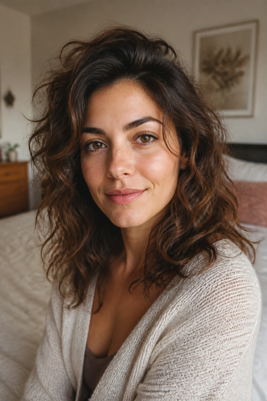 Close-up portrait of a real woman with curly wavy hair showing crown lift and movement