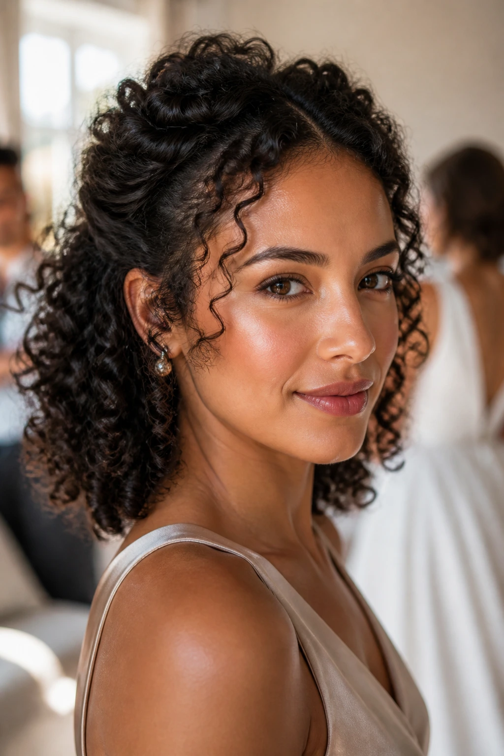 Close-up portrait of a real woman with curly hair styled for a wedding