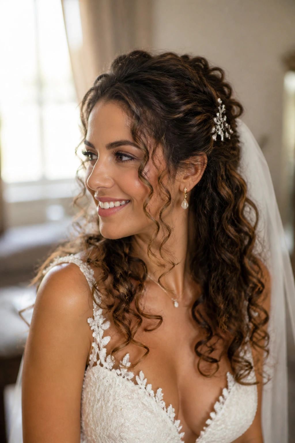 Close-up of a real bride's curly wedding hair maintaining shape while turning her head in natural window light.