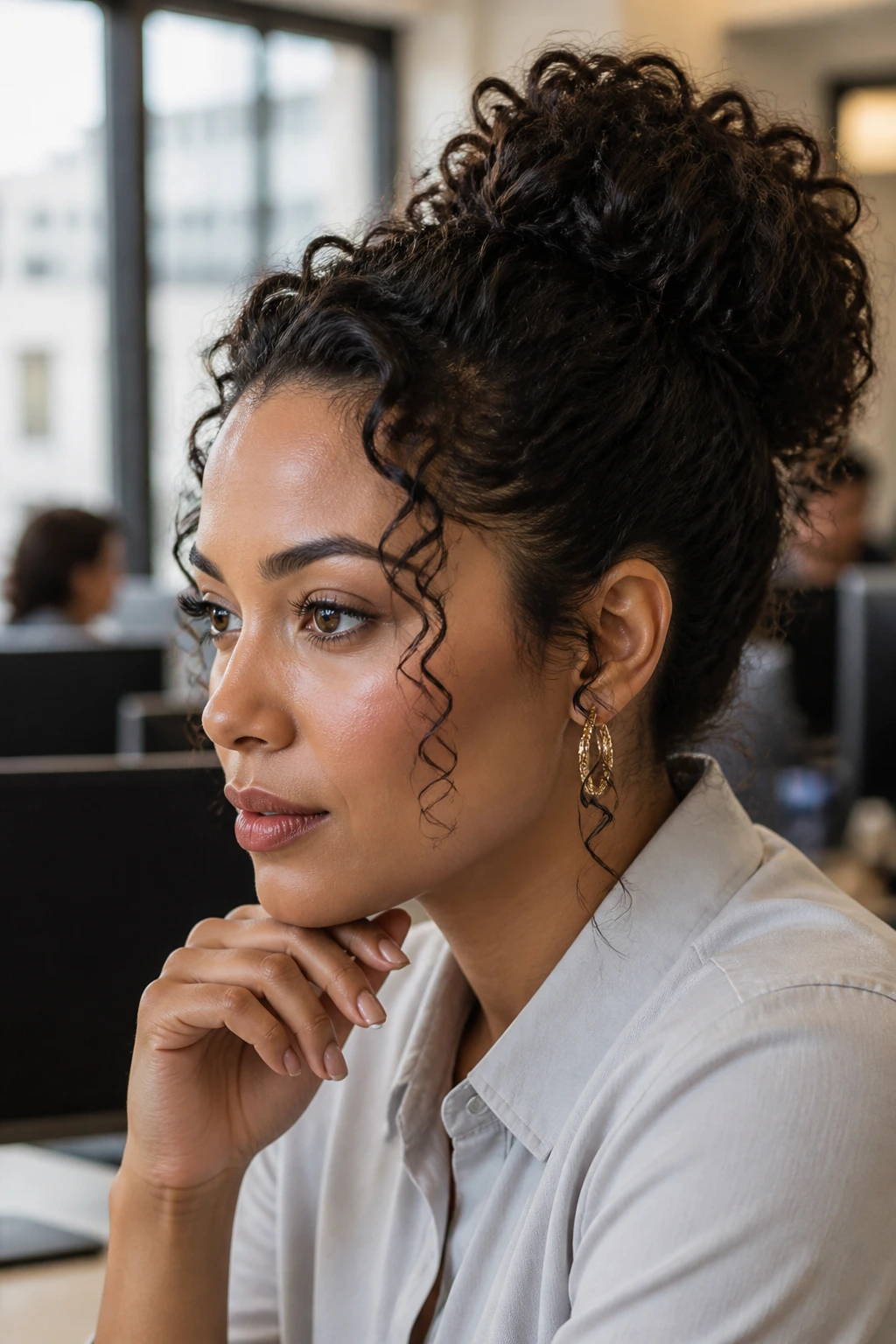 Close-up of a real woman with long curly hair styled for work, highlighting crown anchoring and front definition.