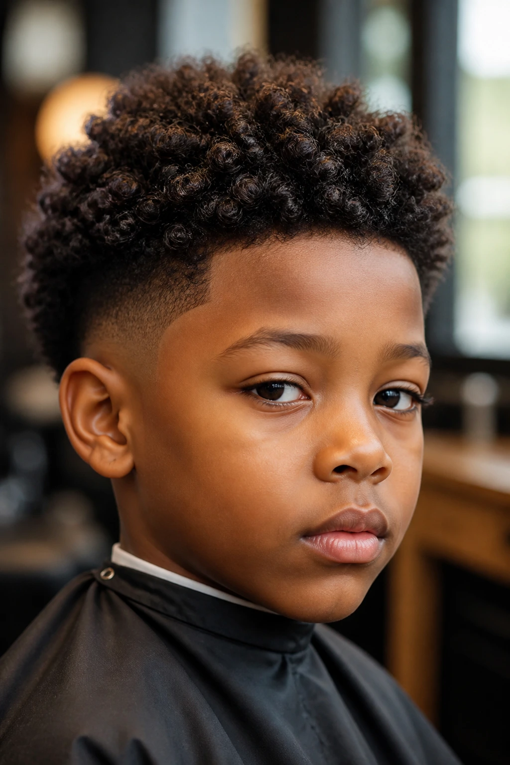 Close-up of a real Black boy with a balanced curly haircut in warm barbershop lighting