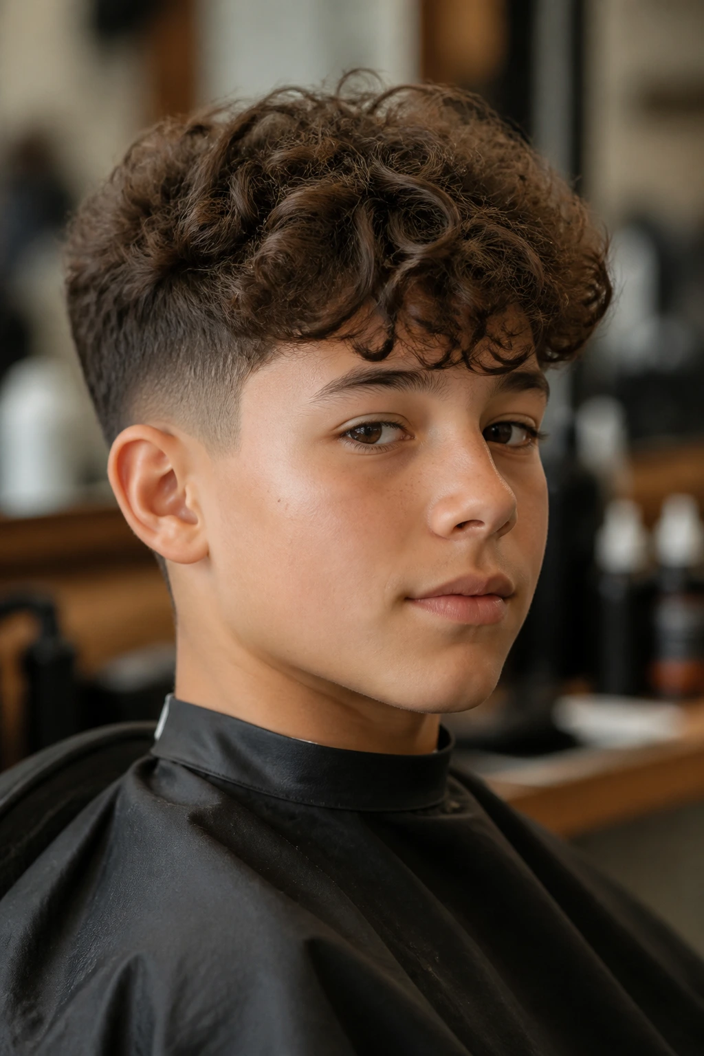 Medium close-up of a real boy with a curly haircut in a salon