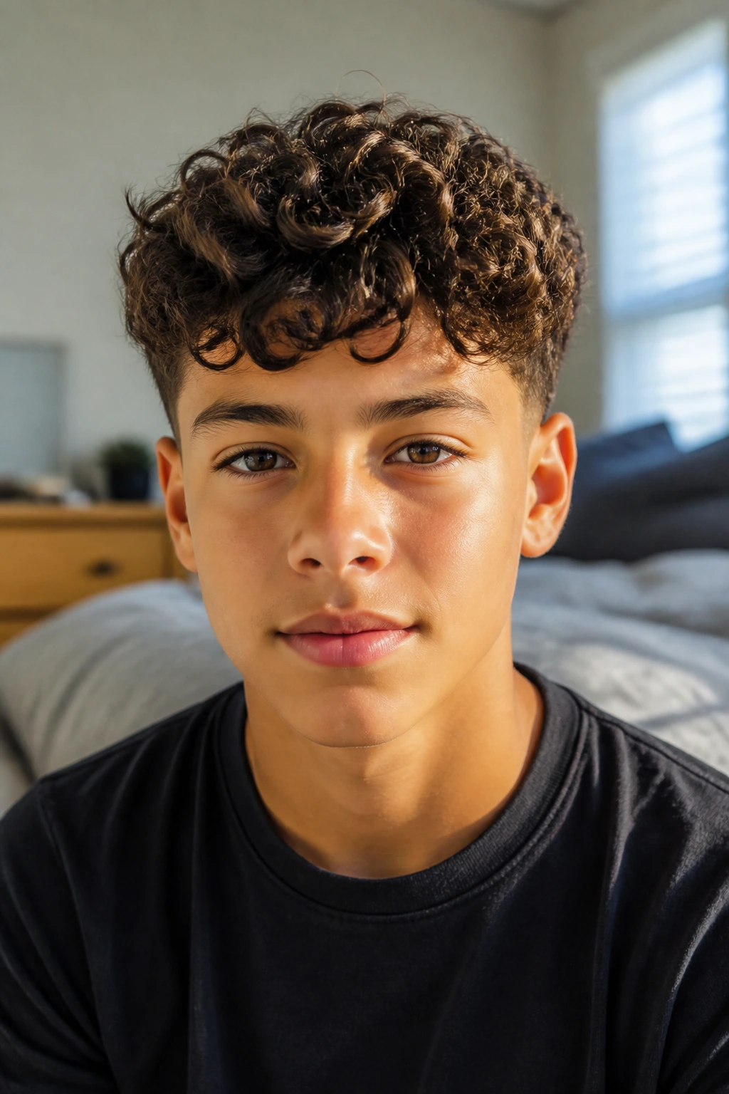 Boy with tidy curly haircut in a sunlit morning setting, ready for school and weekend wear.