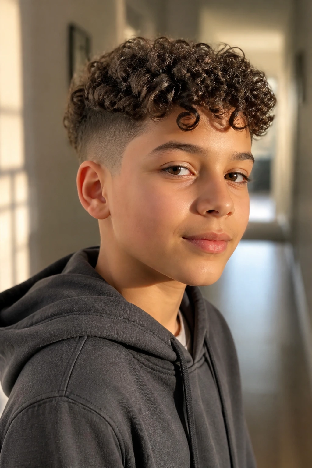 Boy with neat tapered curl haircut in morning hallway light