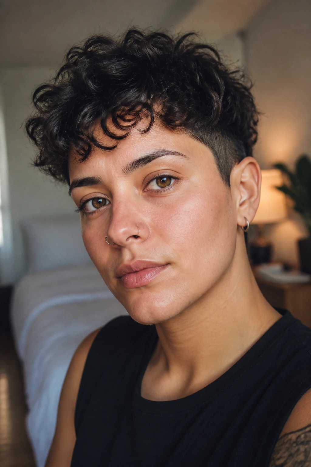 Close-up of real person with curly French crop and broken fringe in warm bedroom light