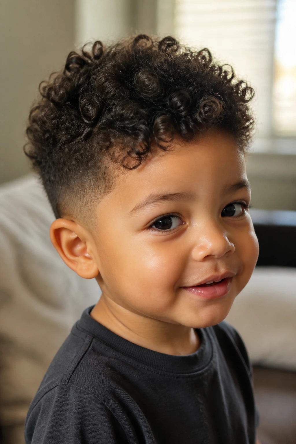 Close-up of a real toddler boy with a shrinkage-friendly curly haircut and ear taper