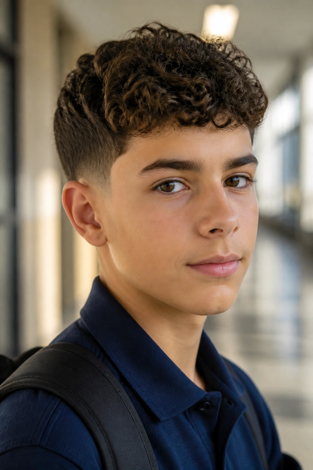 Boy with curly Caesar cut in a school hallway