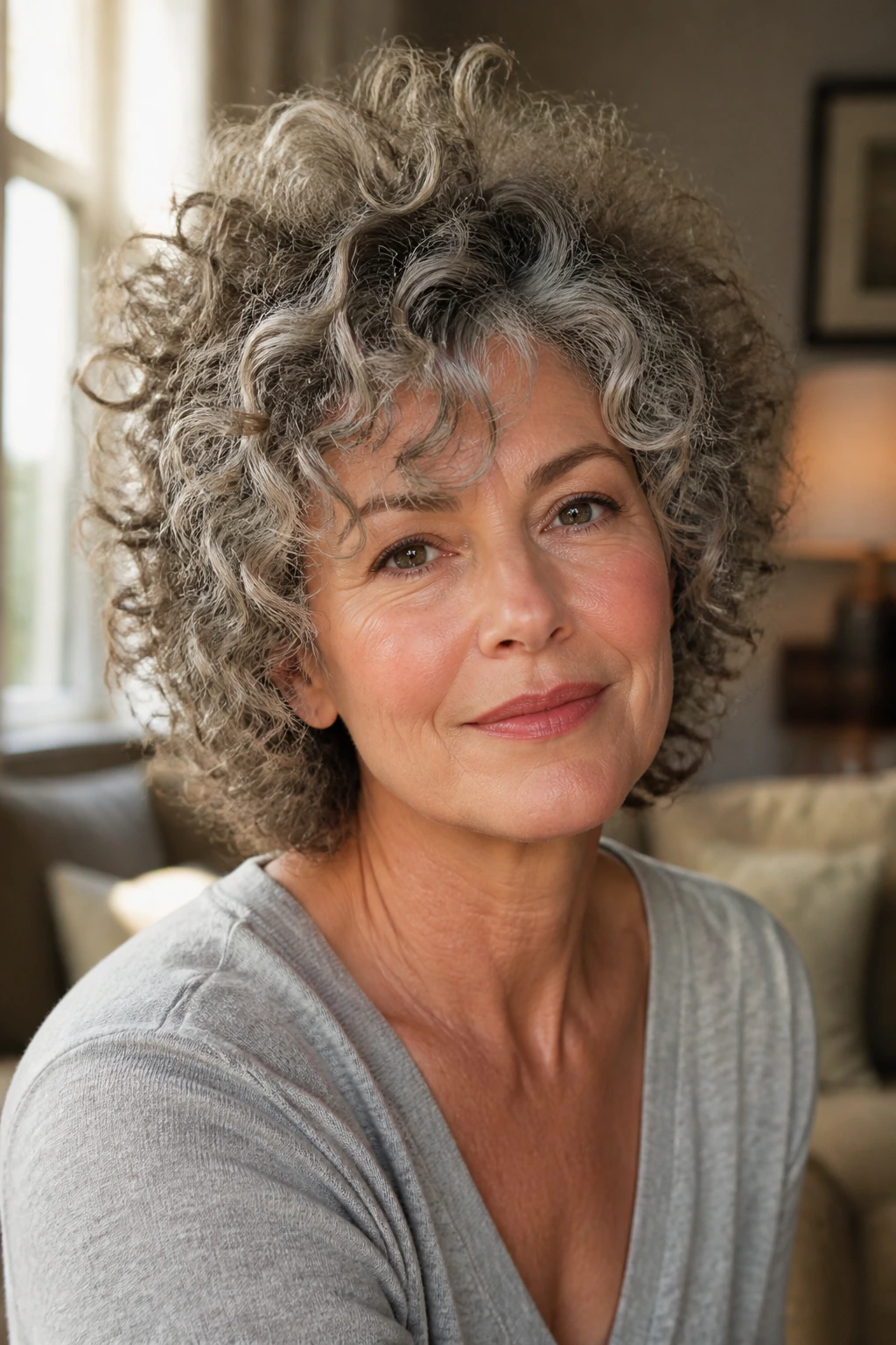 Close-up of a real woman with curly hair showing shrinkage and crown lift in a cozy room
