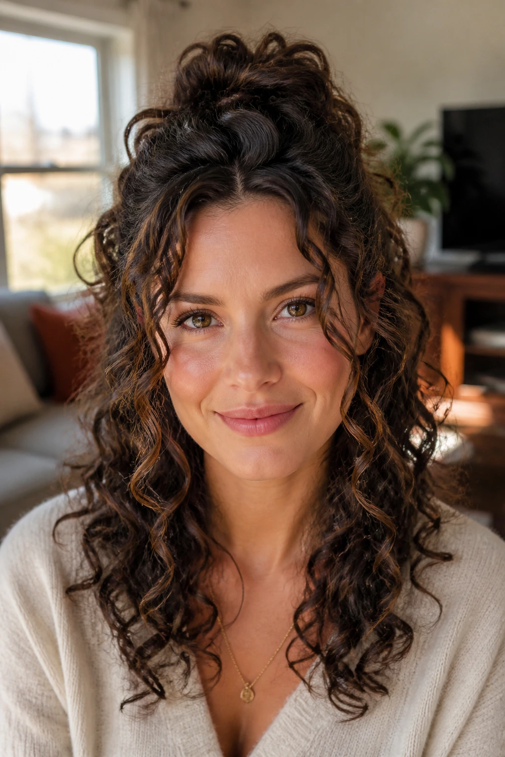 Close-up of a real woman with curly half-up crown-lift hairstyle