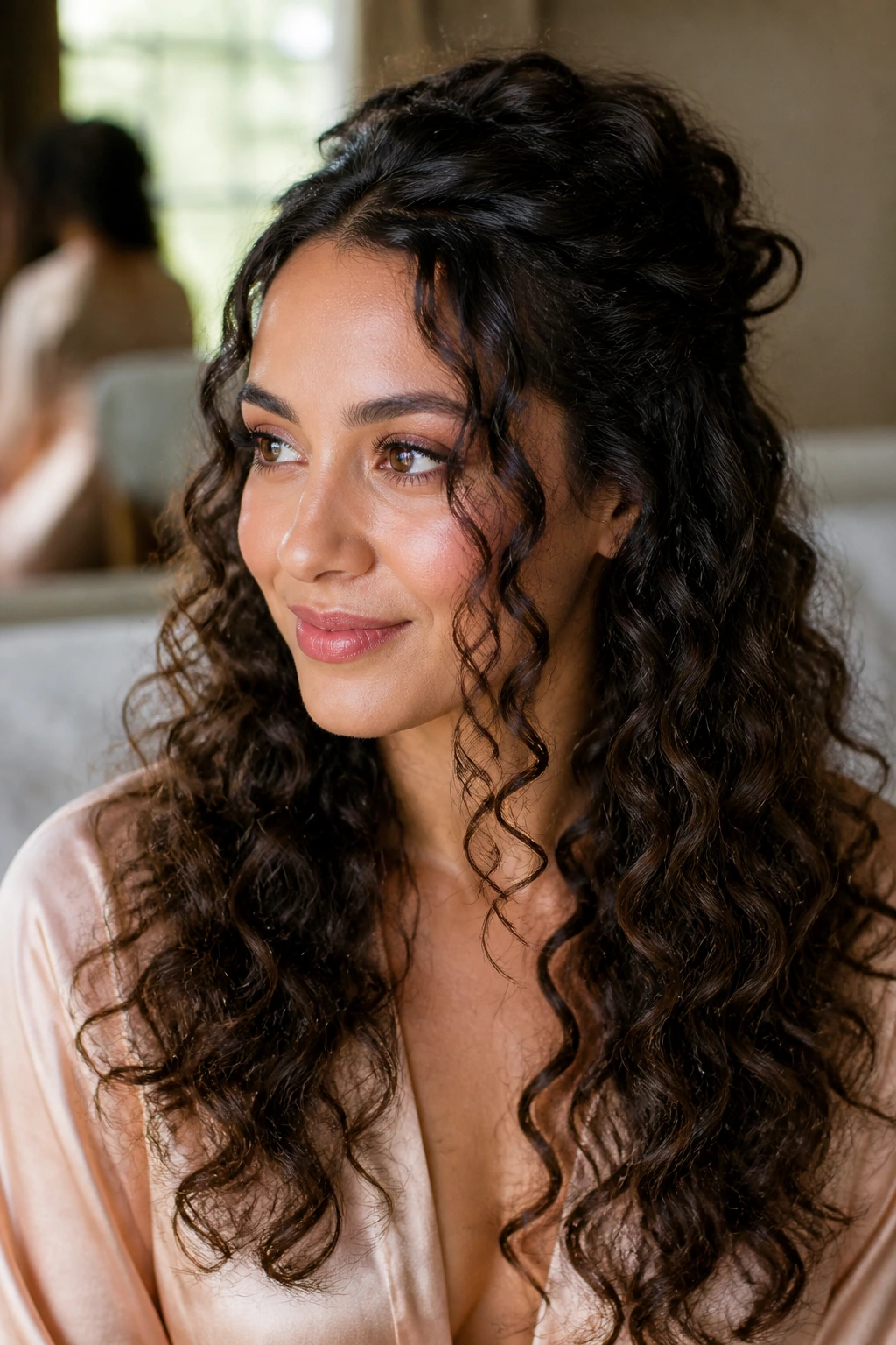 Real bridesmaid with curly half-up and face-framing pieces in soft light