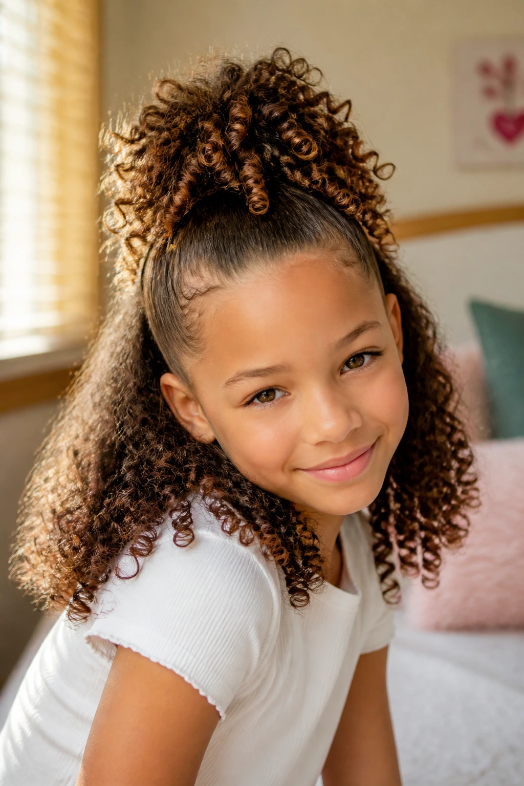 Close-up of a real child with a curly half-up pineapple hairstyle