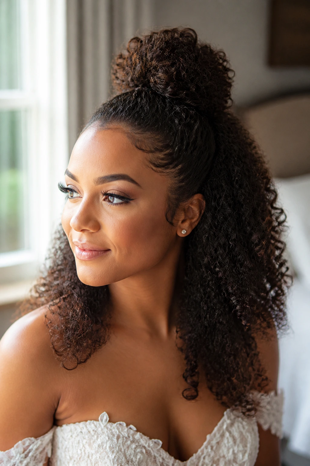 Close-up of a real bride with curly half-up top knot