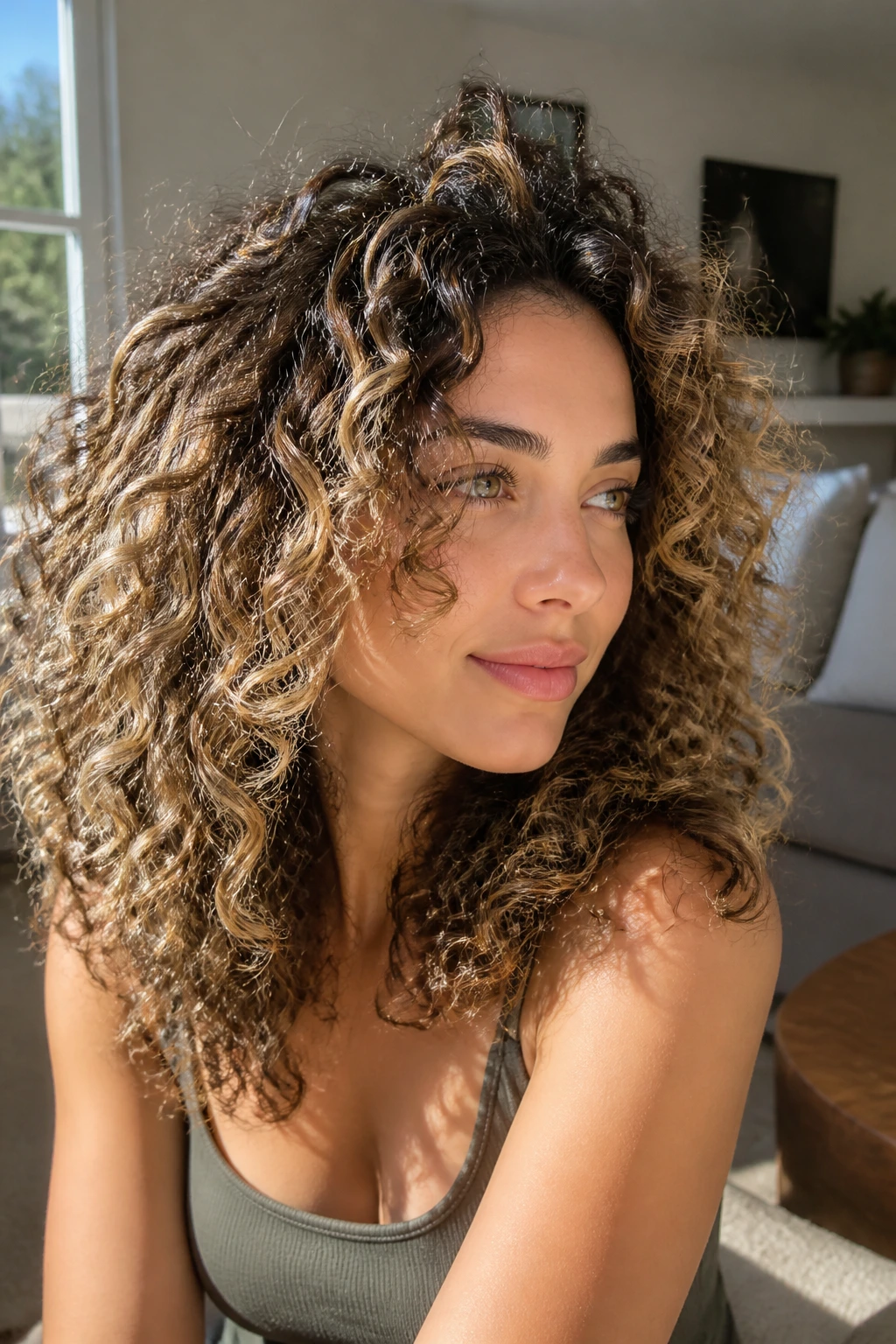 Close-up of curly hair with halo balayage around the crown
