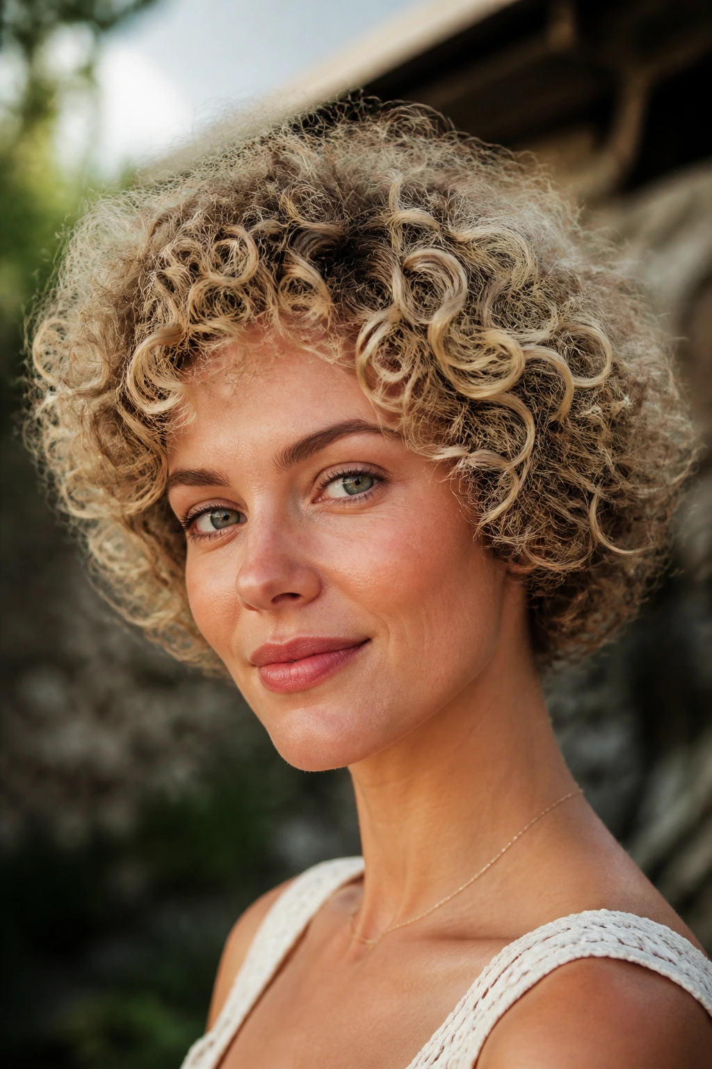 Real person with curly halo blonde short hairstyle
