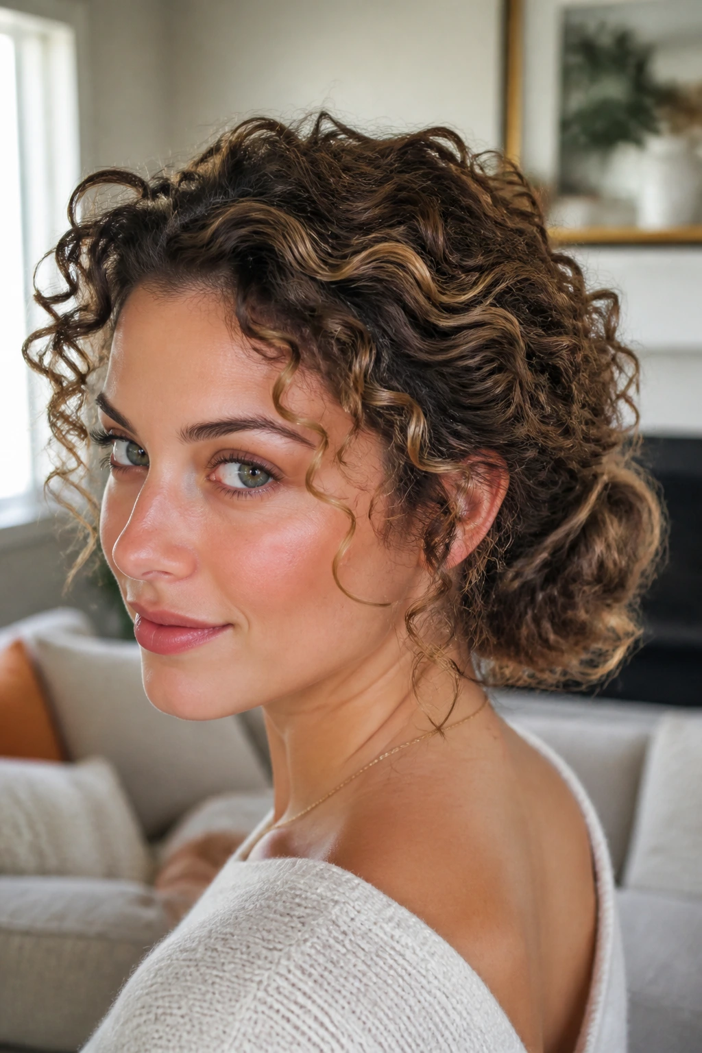 Real woman with curly halo knot bun and crown curls.