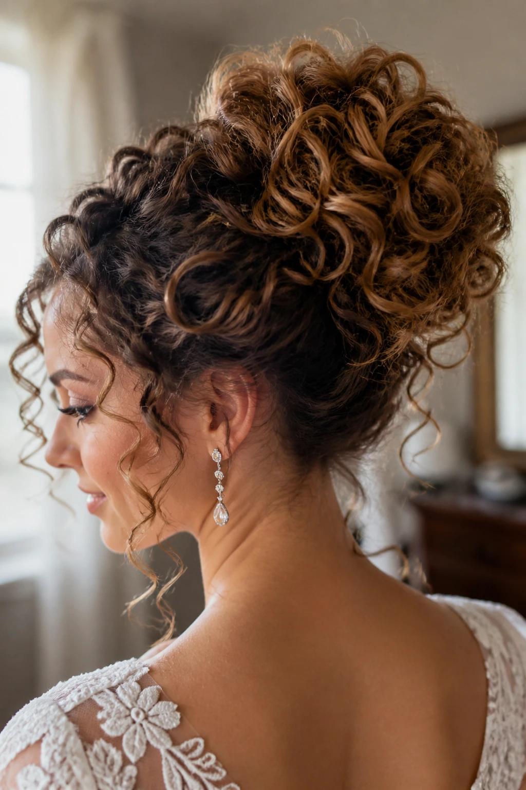 Close-up of a real bride with a curly halo bun showing defined curl texture.