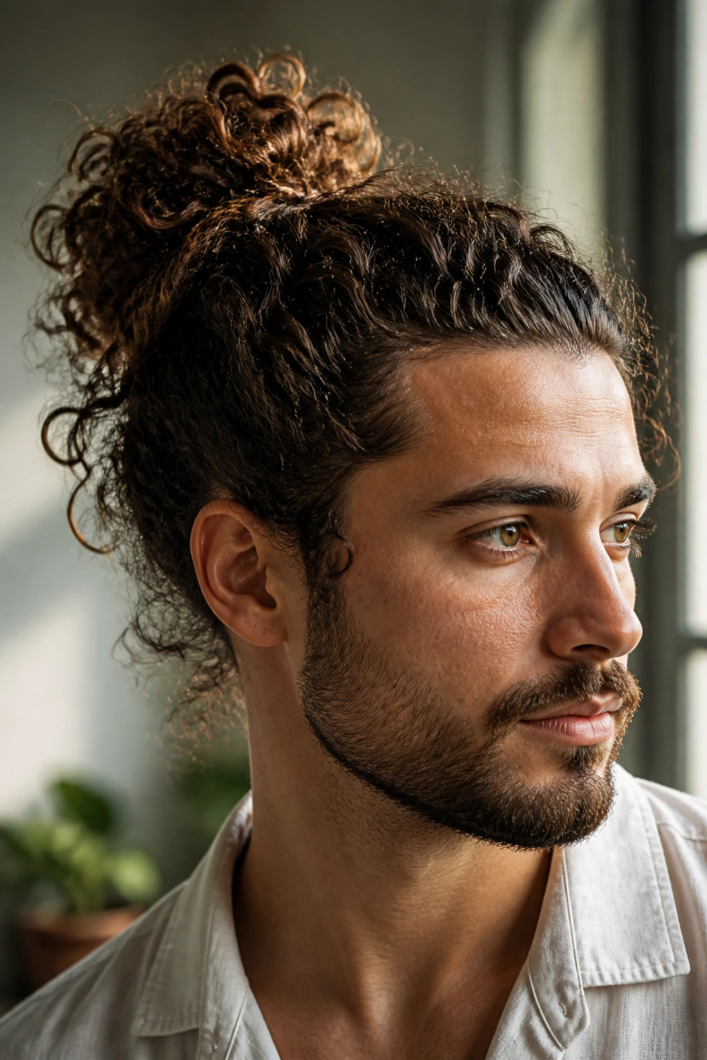 Man with curly halo bun hairstyle