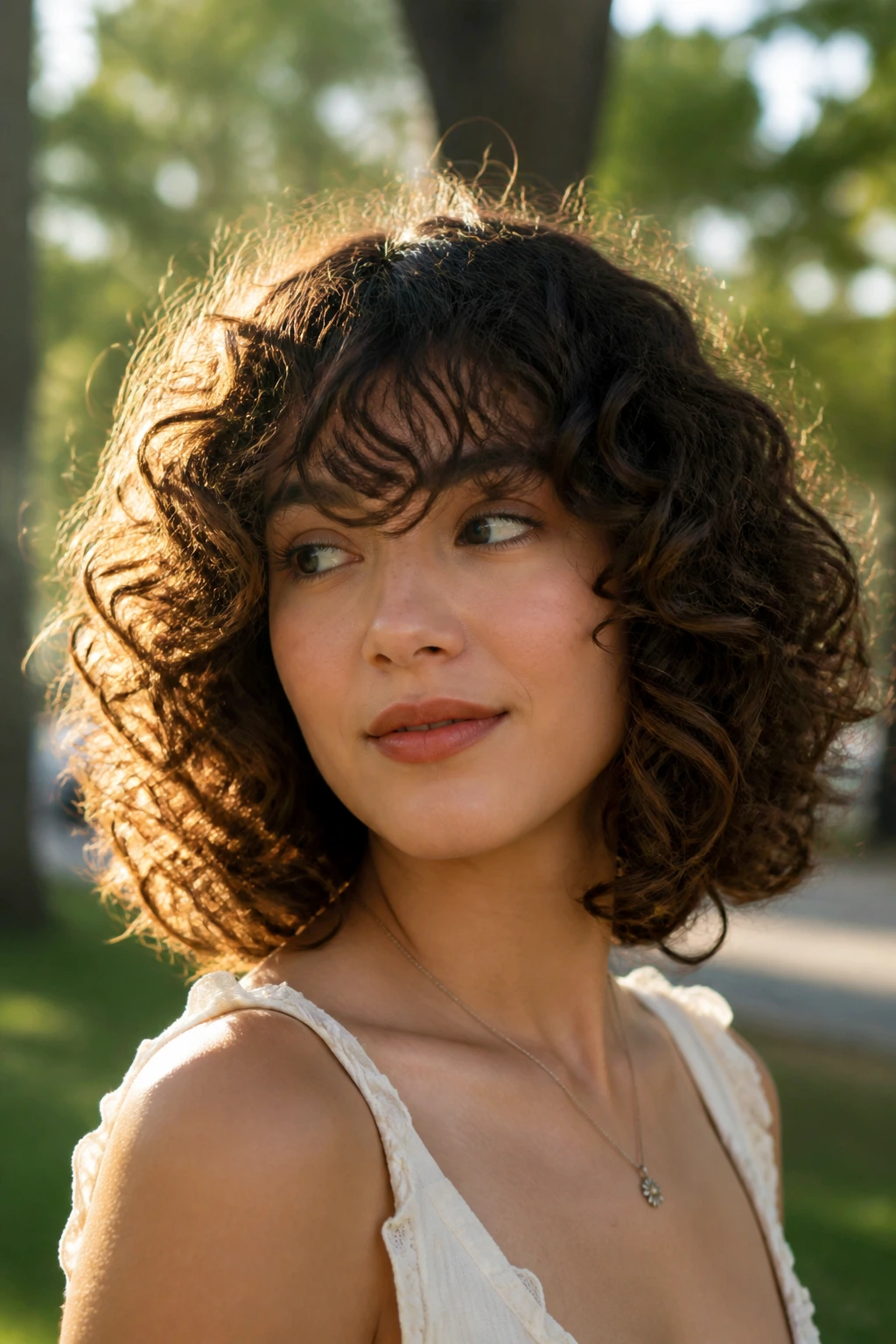 Close-up of a real person with curly halo butterfly with airy bangs