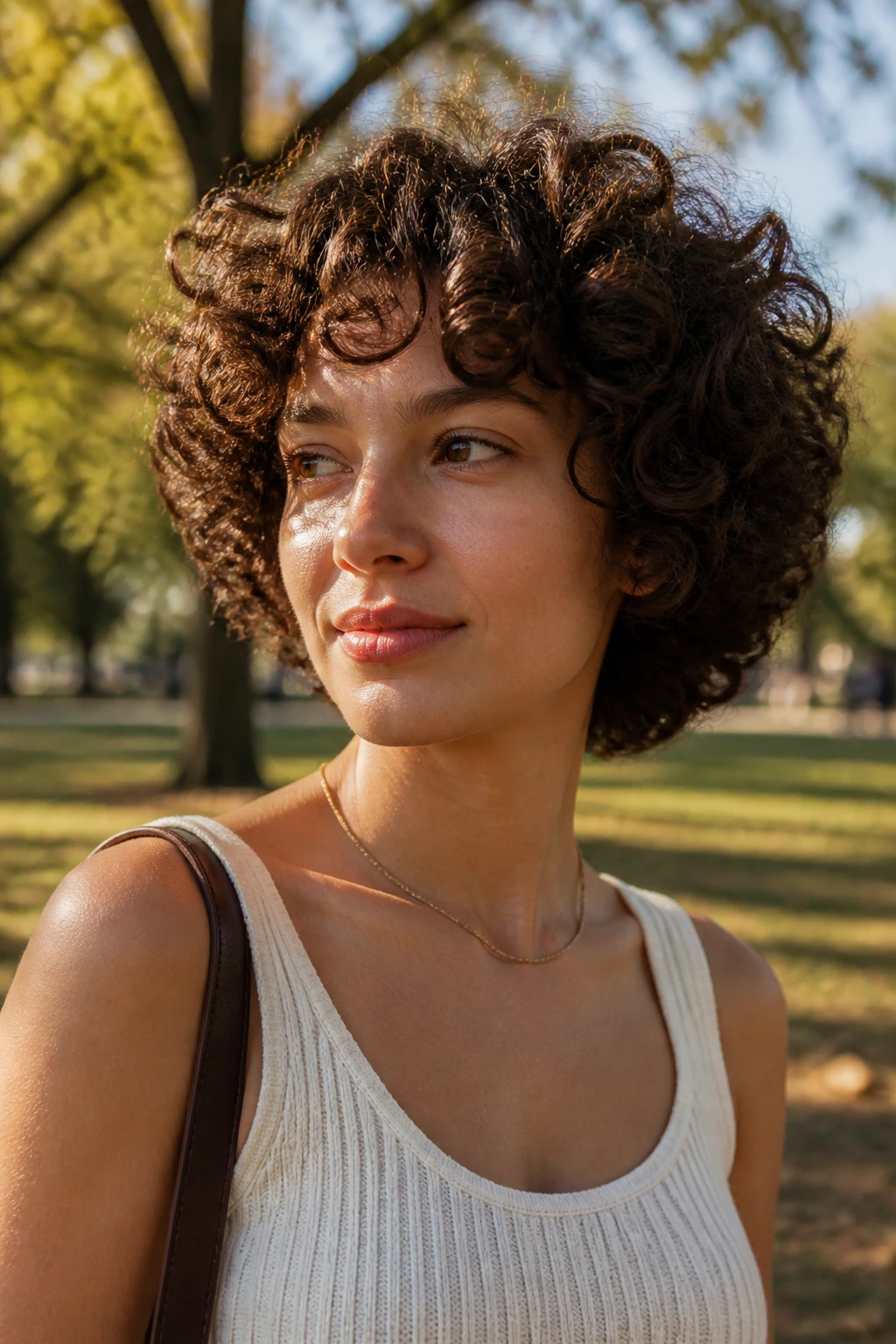 Close-up of a person with curly halo cut and rounded layers